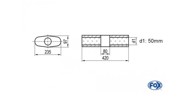 FOX Uni-Silencer Oval w/o Nozzle with chamber - Abw. 558 235x97mm, d1Ø 50mm (outside), length: 420mm