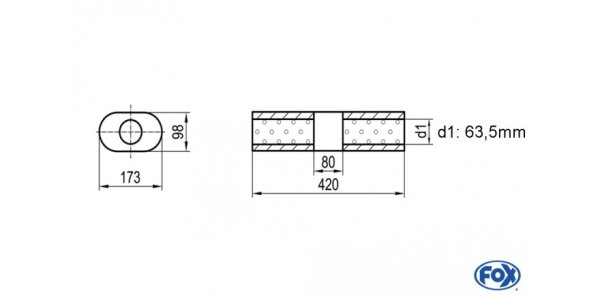 FOX Uni-Silencer Oval w/o Nozzle with chamber - Abw. 450 173x98mm, d1Ø 63,5mm (outside), length: 420mm