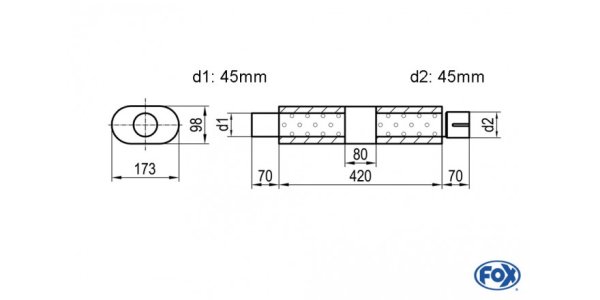 FOX Uni-Silencer oval with chamber + Nozzle - Abw. 450 173x98mm, d1Ø 45mm (outside), d2Ø 45mm (inner), length: 420mm