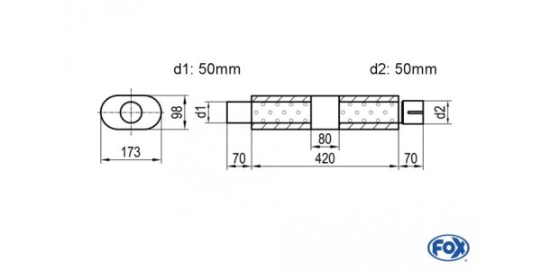 FOX Uni-Schalldämpfer oval mit Kammer + Stutzen - Abw. 450 173x98mm, d1Ø 50mm (außen), d2Ø 50mm (innen), Länge: 420mm