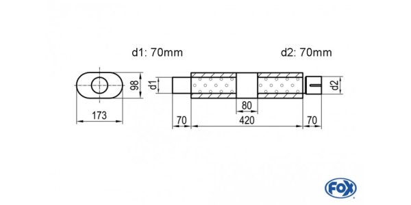 FOX Uni-Silencer oval with chamber + Nozzle - Abw. 450 173x98mm, d1Ø 70mm (outside), d2Ø 70mm (inner), length: 420mm