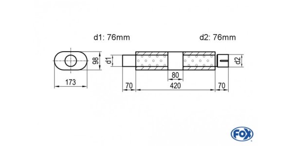 FOX Uni-Silencer oval with chamber + Nozzle - Abw. 450 173x98mm, d1Ø 76mm (outside), d2Ø 76mm (inner), length: 420mm