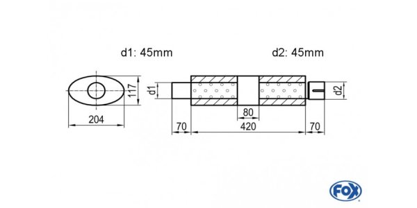 FOX Uni-Schalldämpfer Oval mit Kammer + Stutzen - Abw. 525 204x117mm, d1Ø 45mm (außen), d2Ø 45mm (innen), Länge: 420mm