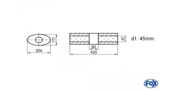 FOX Uni-Schalldämpfer Oval ohne Stutzen mit Kammer - Abw. 525 204x117mm, d1Ø 45mm (außen), Länge: 420mm