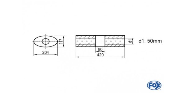 FOX Uni-Schalldämpfer Oval ohne Stutzen mit Kammer - Abw. 525 204x117mm, d1Ø 50mm (außen), Länge: 420mm