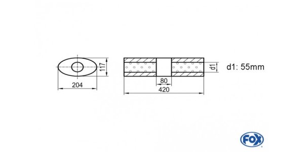 FOX Uni-Schalldämpfer Oval ohne Stutzen mit Kammer - Abw. 525 204x117mm, d1Ø 55mm (außen), Länge: 420mm