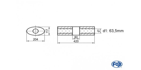 FOX Uni-Schalldämpfer Oval ohne Stutzen mit Kammer - Abw. 525 204x117mm, d1Ø 63,5mm (außen), Länge: 420mm