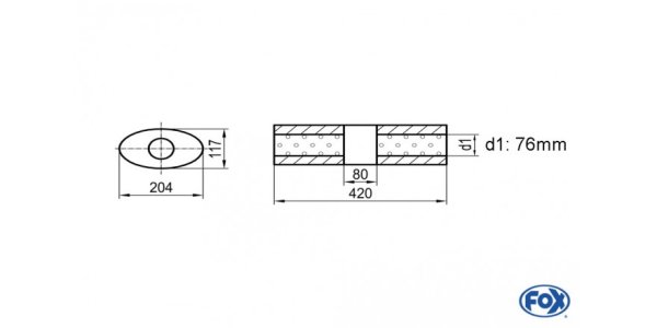 FOX Uni-Schalldämpfer Oval ohne Stutzen mit Kammer - Abw. 525 204x117mm, d1Ø 76mm (außen), Länge: 420mm