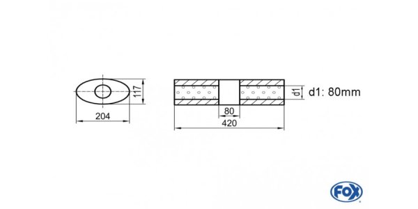 FOX Uni-Schalldämpfer Oval ohne Stutzen mit Kammer - Abw. 525 204x117mm, d1Ø 80mm (außen), Länge: 420mm