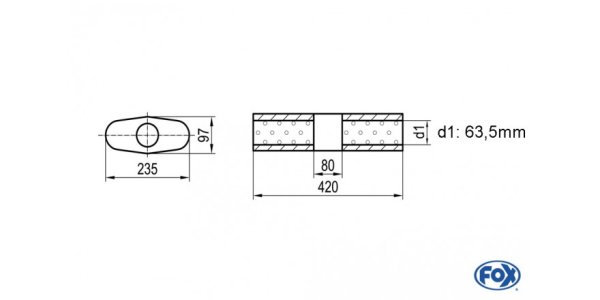 FOX Uni-Silencer Oval w/o Nozzle with chamber - Abw. 558 235x97mm, d1Ø 63,5mm (outside), length: 420mm