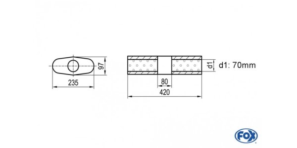 FOX Uni-Silencer Oval w/o Nozzle with chamber - Abw. 558 235x97mm, d1Ø 70mm (outside), length: 420mm