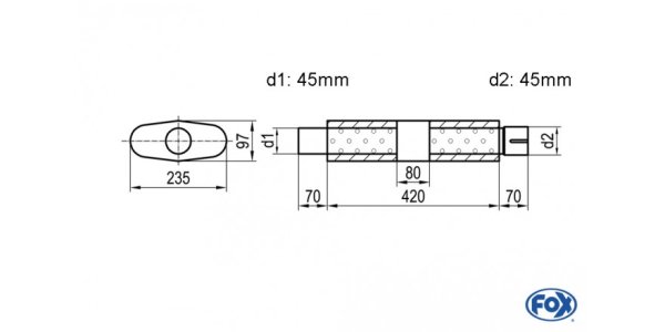 FOX Uni-Silencer oval with chamber + Nozzle - Abw. 558 235x97mm, d1Ø 45mm (outside), d2Ø 45mm (inner), length: 420mm