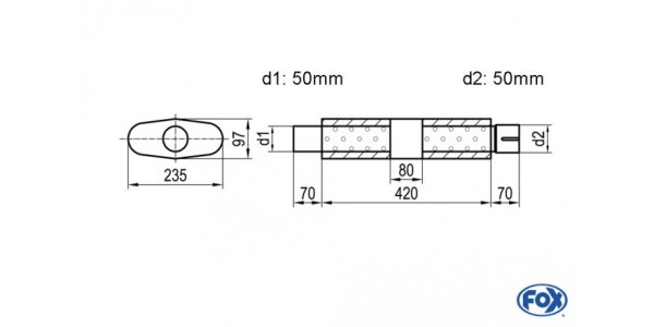 FOX Uni-Silencer oval with chamber + Nozzle - Abw. 558 235x97mm, d1Ø 50mm (outside), d2Ø 50mm (inner), length: 420mm