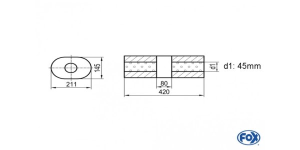 FOX Uni-Schalldämpfer Oval ohne Stutzen mit Kammer - Abw. 585 211x145mm, d1Ø 45mm (außen), Länge: 420mm