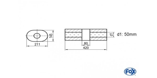 FOX Uni-Schalldämpfer Oval ohne Stutzen mit Kammer - Abw. 585 211x145mm, d1Ø 50mm (außen), Länge: 420mm