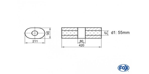 FOX Uni-Schalldämpfer Oval ohne Stutzen mit Kammer - Abw. 585 211x145mm, d1Ø 55mm (außen), Länge: 420mm