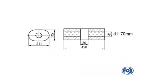 FOX Uni-Schalldämpfer Oval ohne Stutzen mit Kammer - Abw. 585 211x145mm, d1Ø 70mm (außen), Länge: 420mm