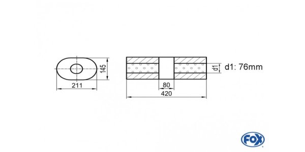 FOX Uni-Schalldämpfer Oval ohne Stutzen mit Kammer - Abw. 585 211x145mm, d1Ø 76mm (außen), Länge: 420mm