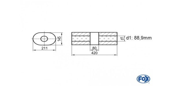 FOX Uni-Schalldämpfer Oval ohne Stutzen mit Kammer - Abw. 585 211x145mm, d1Ø 88,9mm (außen), Länge: 420mm