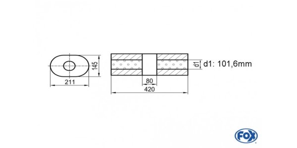 FOX Uni-Schalldämpfer Oval ohne Stutzen mit Kammer - Abw. 585 211x145mm, d1Ø 101,6mm (außen), Länge: 420mm