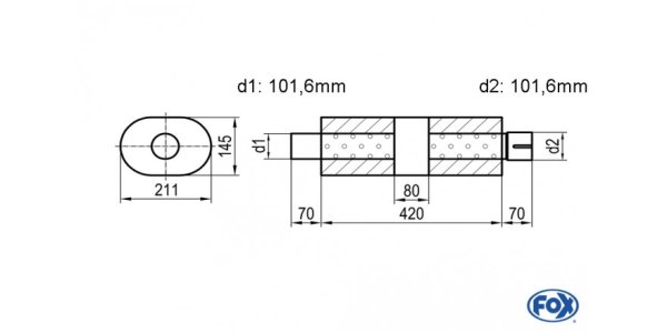 FOX Uni-Schalldämpfer Oval mit Kammer + Stutzen - Abw. 585 211x145, d1Ø 101,6mm (außen), d2Ø 101,6mm (innen), Länge: 420mm