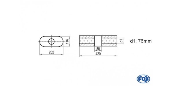 FOX Uni-Schalldämpfer oval ohne Stutzen mit Kammer - Abw. 650 262x116mm, d1Ø 76mm, Länge: 420mm