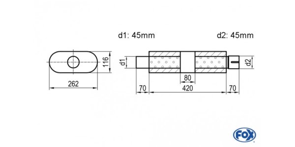 FOX Uni-Silencer oval with chamber + Nozzle - Abw. 650 262x116mm, d1Ø 45mm (outside), d2Ø 45mm (inner), length: 420mm