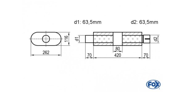 FOX Uni-Silencer oval with chamber + Nozzle - Abw. 650 262x116mm, d1Ø 63,5mm (outside), d2Ø 63,5mm (inner), length: 420mm