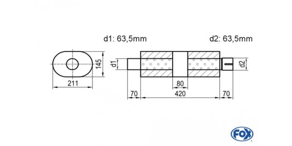 FOX Uni-Schalldämpfer Oval mit Kammer + Stutzen - Abw. 585 211x145, d1Ø 63,5mm (außen), d2Ø 63,5mm (innen), Länge: 420mm