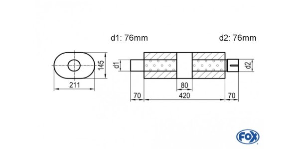 FOX Uni-Schalldämpfer Oval mit Kammer + Stutzen - Abw. 585 211x145, d1Ø 76mm (außen), d2Ø 76mm (innen), Länge: 420mm