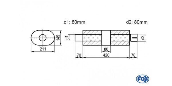 FOX Uni-Silencer Oval with chamber + Nozzle - Abw. 585 211x145, d1Ø 80mm (outside), d2Ø 80mm (inner), length: 420mm