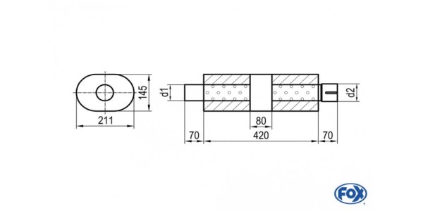 FOX Uni-Silencer Oval with chamber + Nozzle - Abw. 585 211x145, d1Ø 88,9mm (outside), d2Ø 88,9mm (inner), length: 420mm