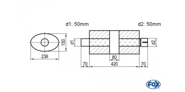 FOX Uni-Silencer oval with chamber + Nozzle - Abw. 618 236x150, d1Ø 50mm (outside) d2Ø 50mm (inner), length: 420mm