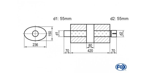 FOX Uni-Schalldämpfer oval mit Kammer + Stutzen - Abw. 618 236x150, d1Ø 55mm (außen) d2Ø 55mm (innen), Länge: 420mm