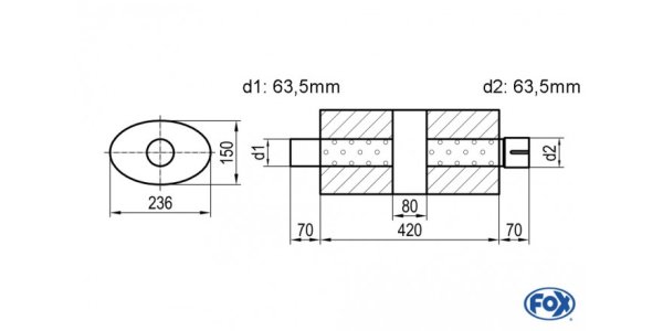 FOX Uni-Schalldämpfer oval mit Kammer + Stutzen - Abw. 618 236x150, d1Ø 63,5mm (außen) d2Ø 63,5mm (innen), Länge: 420mm