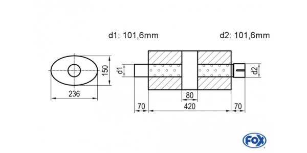 FOX Uni-Silencer oval with chamber + Nozzle - Abw. 618 236x150mm, d1Ø 101,6mm (outside) d2Ø 101,6mm (inner), length: 420mm