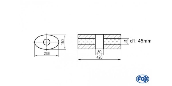 FOX Uni-Schalldämpfer oval ohne Stutzen mit Kammer - Abw. 618 236x150mm, d1Ø 45mm, Länge: 420mm