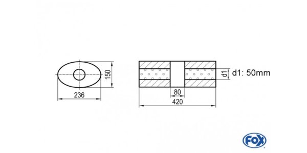 FOX Uni-Schalldämpfer oval ohne Stutzen mit Kammer - Abw. 618 236x150mm, d1Ø 50mm, Länge: 420mm