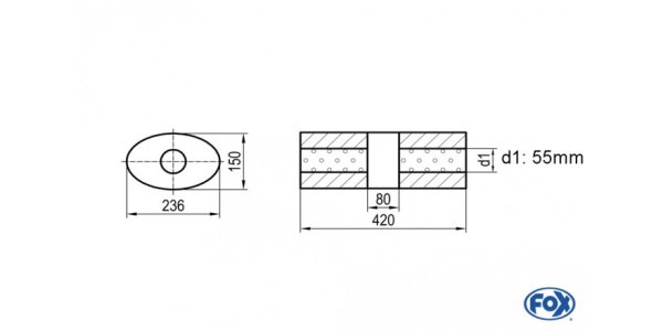 FOX Uni-Schalldämpfer oval ohne Stutzen mit Kammer - Abw. 618 236x150mm, d1Ø 55mm, Länge: 420mm