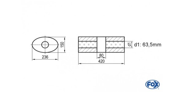 FOX Uni-Silencer oval w/o Nozzle with chamber - Abw. 618 236x150mm, d1Ø 63,5mm, length: 420mm