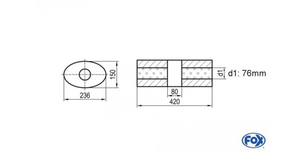 FOX Uni-Silencer oval w/o Nozzle with chamber - Abw. 618 236x150, d1Ø 76mm (outside), length: 420mm