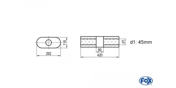 FOX Uni-Schalldämpfer oval ohne Stutzen mit Kammer - Abw. 650 262x116mm, d1Ø 45mm, Länge: 420mm