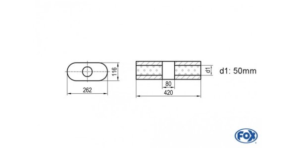 FOX Uni-Schalldämpfer oval ohne Stutzen mit Kammer - Abw. 650 262x116mm, d1Ø 50mm, Länge: 420mm