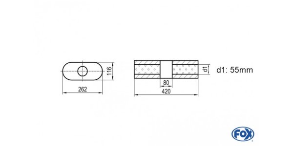 FOX Uni-Schalldämpfer oval ohne Stutzen mit Kammer - Abw. 650 262x116mm, d1Ø 55mm, Länge: 420mm