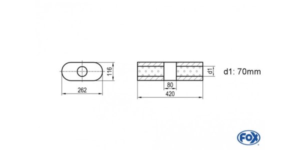 FOX Uni-Schalldämpfer oval ohne Stutzen mit Kammer - Abw. 650 262x116mm, d1Ø 70mm, Länge: 420mm