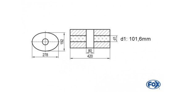 FOX Uni-Schalldämpfer oval ohne Stutzen mit Kammer - Abw. 754 278x192mm, d1Ø 101,6mm, Länge: 420mm