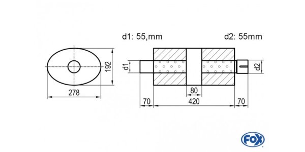 FOX Uni-Silencer oval with chamber + Nozzle - Abw. 754 278x192mm, d1Ø 55mm (outside), d2Ø 55mm (inner), length: 420mm