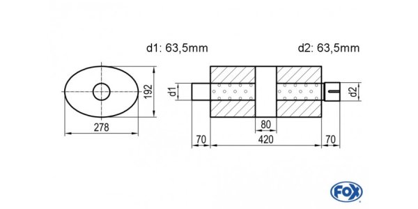 FOX Uni-Silencer oval with chamber + Nozzle - Abw. 754 278x192mm, d1Ø 63,5mm (outside), d2Ø 63,5mm (inner), length: 420mm