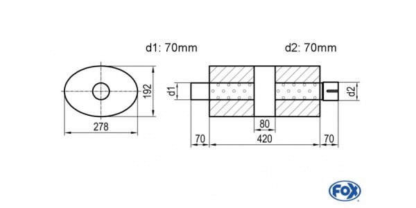 FOX Uni-Silencer oval with chamber + Nozzle - Abw. 754 278x192mm, d1Ø 70mm (outside), d2Ø 70mm (inner), length: 420mm