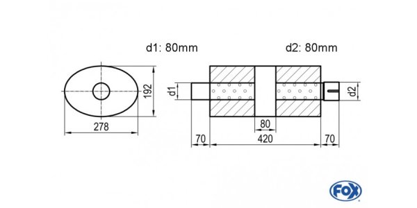 FOX Uni-Schalldämpfer oval mit Kammer + Stutzen - Abw. 754 278x192mm, d1Ø 80mm (außen), d2Ø 80mm (innen), Länge: 420mm